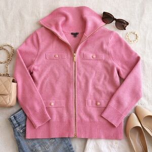 Talbots Petite Pink Zip-Up Sweater | Preppy Chic Gold Detail PS